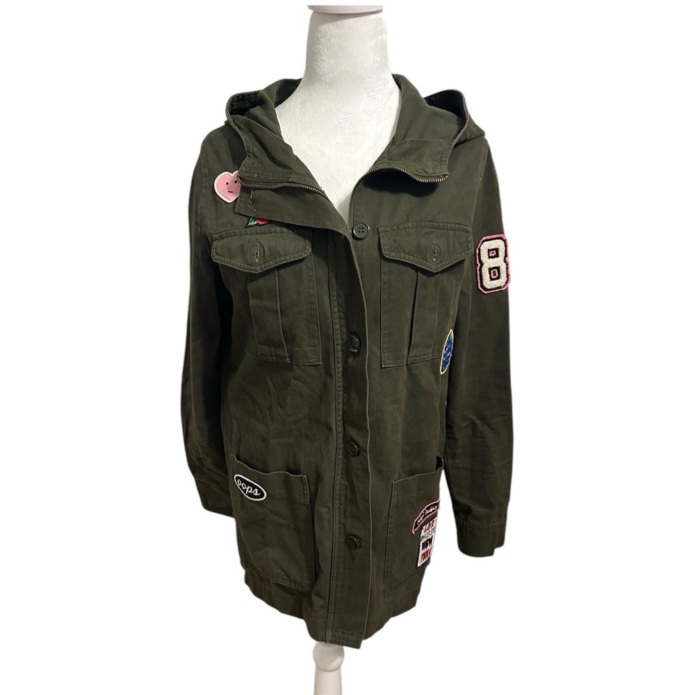 Forever 21‎ Army Jacket Green Medium Patches Blokette Hood Military  Varsity